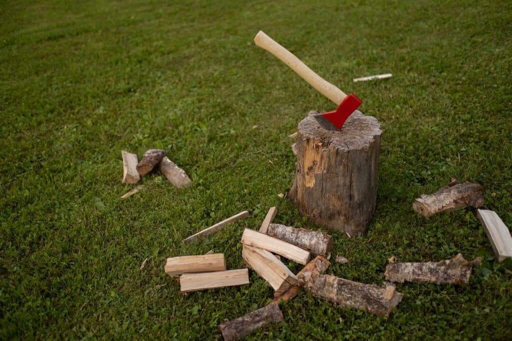 An illustration of an axe firmly lodged into a wooden target, demonstrating axe throwing fundamentals with precision and strength.