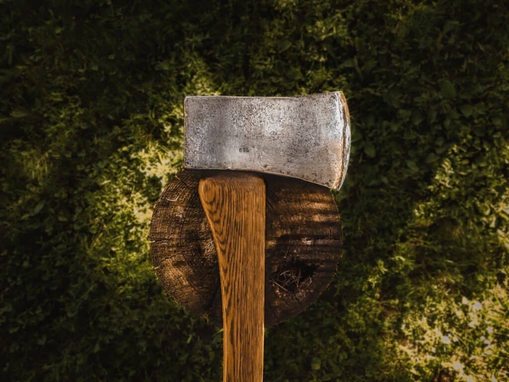 An axe resting on a freshly cut tree, illustrating the benefits of axe throwing - a popular and exhilarating recreational activity that promotes stress relief, precision, and a strong sense of achievement through accurate target hits.